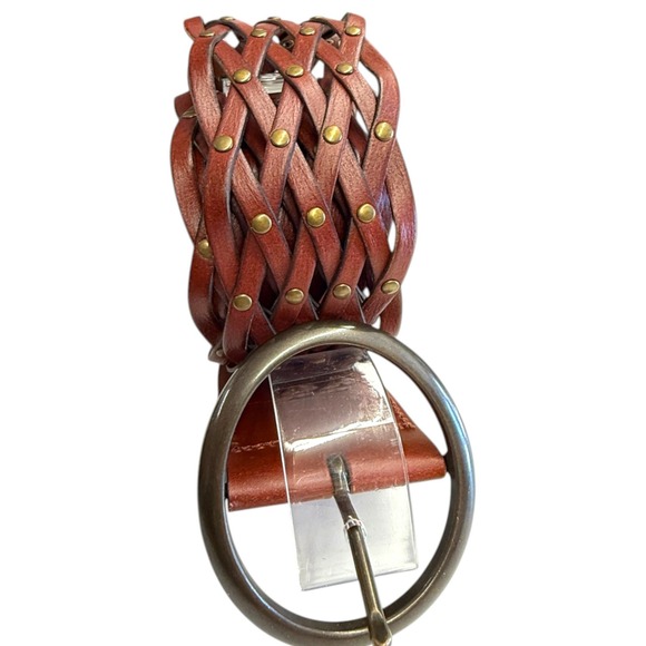 Woven‎ Lattice Studded Leather Wide Waist Belt Cognac Brown L/XL FL21A503 main image 7